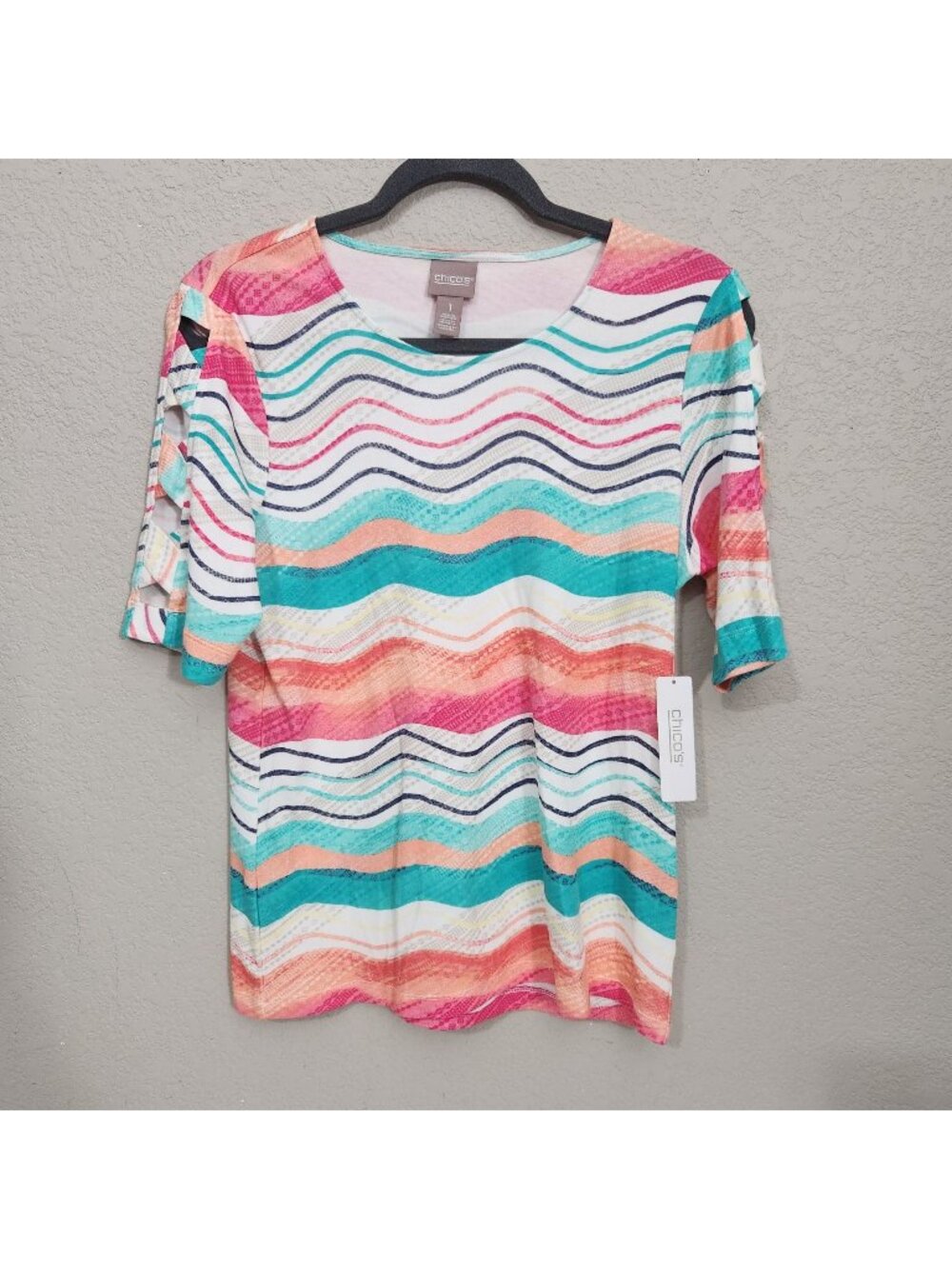 Chicos Multicolor Striped Cutout Sleeve Top Size 1 NWT